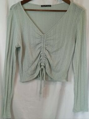 Rock Rose Couture Ruched V-Neck Crop Top Mint Sage Green 70s 80s Large Casual